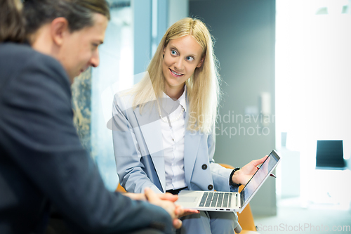 Image of Business meeting. Client consulting. Confident business woman, real estate agent, financial advisor explaining details of project or financial product to client in office.