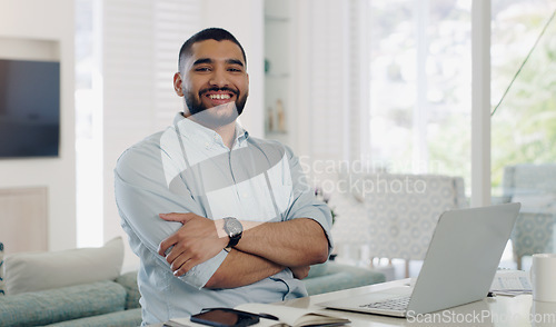 Image of Happy man, remote work and portrait at laptop in home for digital planning, online research and budget at table. Male freelancer working on computer, technology and website connection for telework