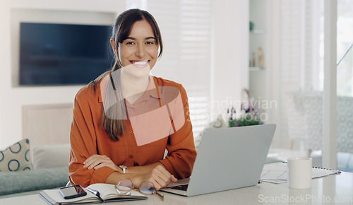 Image of Happy woman, remote work and portrait at laptop in home for digital planning, online research and elearning at table. Female freelancer working on computer, technology and web connection for blogging