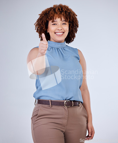 Image of Happy, thumbs up and portrait of woman isolated on a white background for success, winning and like hand sign. Winner, happy african person or model yes, thank you or congratulations emoji in studio