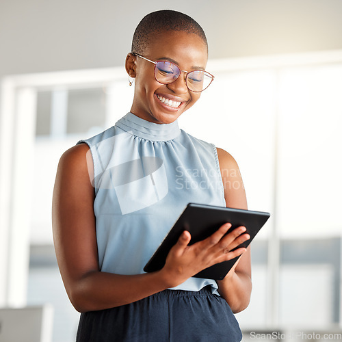 Image of Smile, business tablet and black woman, designer or creative in office online. Touchscreen, technology and African female professional on email app, design research or website, internet or reading.