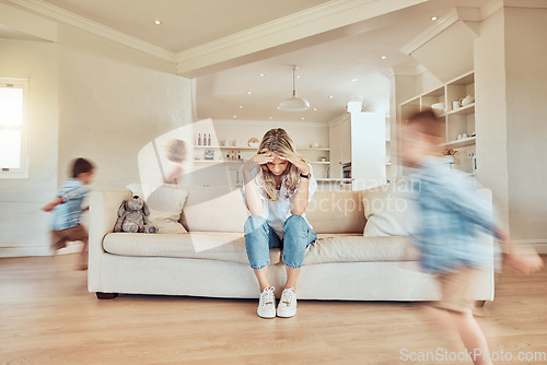 Image of Headache, mother and children running in living room, problem and fatigue. Stress, mom and adhd kids run in lounge, tired and exhausted, burnout or migraine, frustrated and noise on sofa in house.