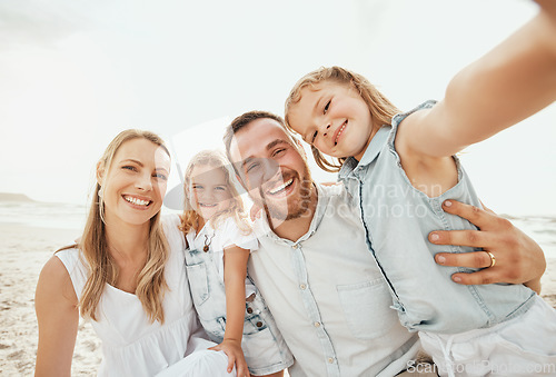 Image of Selfie of happy woman, man and kids on beach, travel and happiness on ocean holiday in Australia together. Nature, mother, father and children with smile in self portrait on summer vacation at sea.