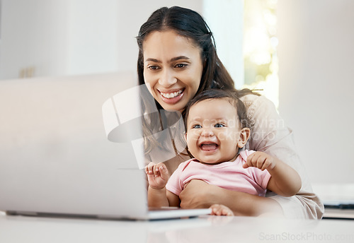 Image of Smile, remote work and woman with baby and laptop, happy freelancer worker with online project on maternity leave. Work from home, mother and toddler with happiness, internet search and virtual job.