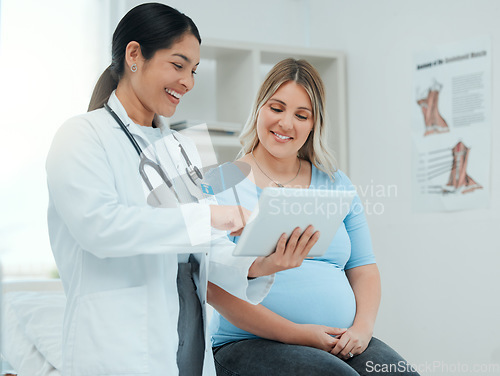 Image of Healthcare, tablet and pregnant woman at a prenatal consultation for health in a medical clinic. Wellness, maternity and female pregnancy doctor speaking to a mother with a digital mobile in hospital