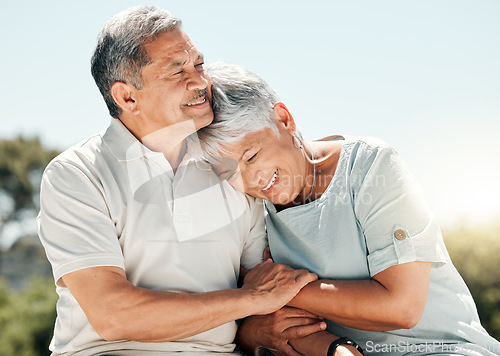 Image of Senior couple, love and happy in nature on vacation, holiday or summer bonding. Relax, care and retirement of man and woman with happiness and enjoying quality time together on romantic date mockup.