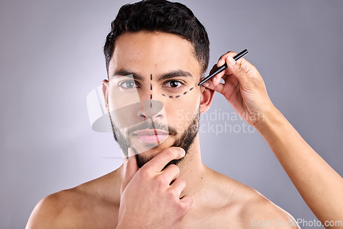 Image of Face, man and plastic surgery marker for cosmetics in studio isolated on a white background. Facial, operation lines and beauty of male model, dermatology or skincare for serious rhinoplasty portrait