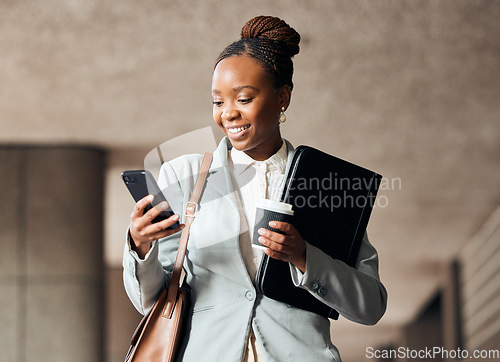 Image of Phone, coffee and businesswoman walking in the city with a document folder for the office. Cellphone, success and professional African female employee with a latte commuting to work in an urban town.