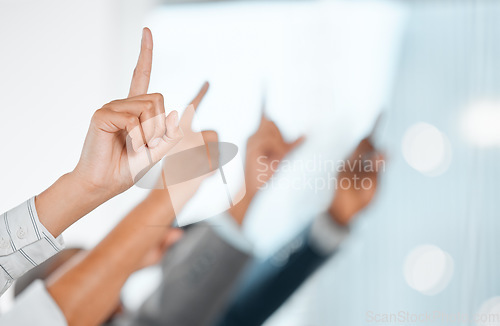 Image of Hands raised, business audience and questions at conference, seminar or meeting. Hand up, question and group of people asking, answer and crowd vote for training, feedback and volunteer at workshop.