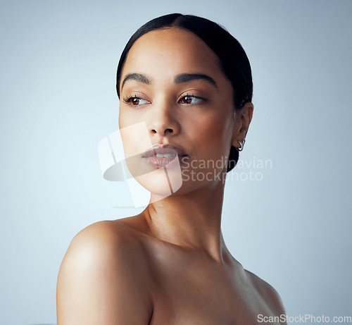Image of Skincare, beauty and woman in studio for body care, self love and natural cosmetic on grey background. Wellness, dermatology and female model relax with luxury pamper, smooth and soft glowing skin
