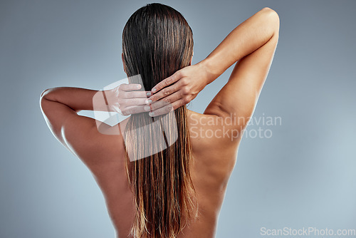 Image of Hair care, beauty and back of woman in a studio with a clean, long and wet hairstyle with conditioner. Health, wellness and female model with a keratin or salon treatment isolated by gray background.