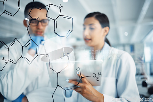 Image of Science, tablet and man and woman with chemistry equation for medical research, formula and solution. Healthcare, teamwork and male and female scientist thinking, planning and strategy in laboratory