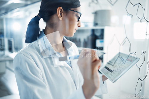 Image of Tablet, research and female scientist in a laboratory planning a science equation on a board. Technology, medical innovation and woman researcher working on pharmaceutical project with digital mobile