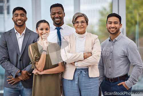 Image of Collaboration, smile and portrait of business people in the office with confidence and diversity. Happy, success and group of multiracial professional employees or team standing in workplace together