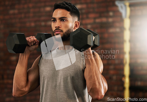 Image of Weightlifting, fitness and man with dumbbell in gym for exercise, bodybuilder training and workout. Sports, strong muscles and serious male person lifting weight for wellness, healthy body and cardio