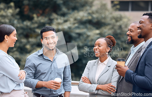 Image of Business people, coffee and lawyers talking in city on break together in street. Group, tea and happy employees outdoor, men and women, law coworkers or friends in funny conversation, comedy or chat.