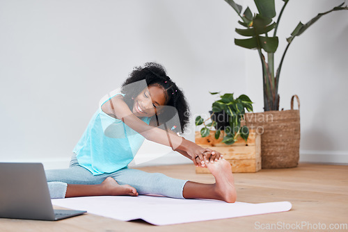 Image of Laptop, yoga and girl child doing exercise with an online tutorial for health, wellness and fitness. Technology, meditation and kid stretching for pilates workout with video on internet with computer