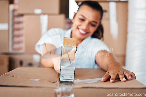 Image of Woman, cardboard and closing box with tape while moving house with package for charity donation. Hands of a female person happy about mortgage, new home or storage for startup or small business