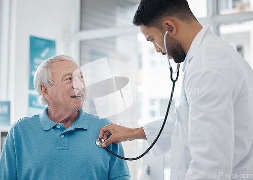 Image of Healthcare, senior man and doctor with a stethoscope, surgeon and innovation for diagnosis, treatment and talking. Medical professional, mature male person and elderly patient with cardiology expert