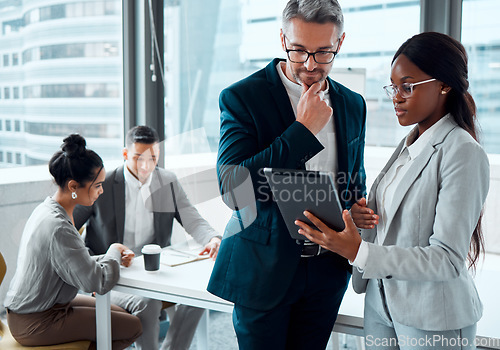 Image of Tablet, business people and discussion with ceo, planning or collaboration. Technology, teamwork and black woman with mentor in conversation, communication or research, strategy or talking in meeting