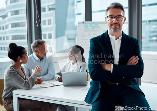 Image of Portrait, arms crossed and business man, ceo or entrepreneur in meeting. Face, professional glasses and serious executive, mature leader or manager with confidence, pride for career and leadership.