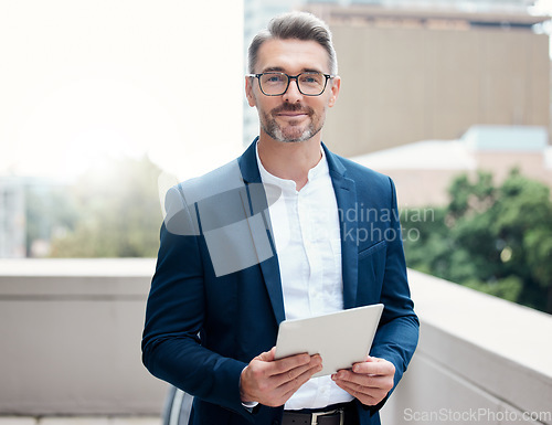 Image of Tablet, corporate portrait and happy man with wealth, accounting and CEO management app on balcony. Outdoor, city and professional person or business boss with digital technology, website or internet