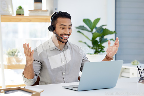Image of Laptop, smile and man in office, webinar or video call with headphones and happy advisory consultant. Communication, technology and virtual meeting, online training and male with headset and computer