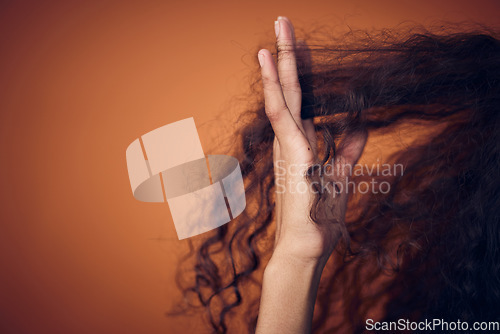 Image of Mockup, closeup and woman with hair care, fingers and salon treatment for volume, texture and grooming. Zoom, female person and model with scalp massage, curls and beauty against a studio background