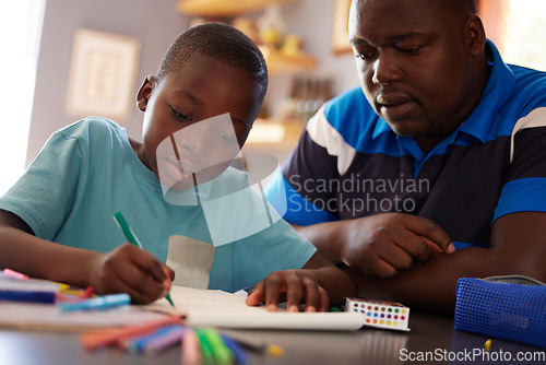 Image of Homeschool, father and kid with color pencils for education, learning and creative development in family home. Dad, child and books for writing, drawing and creativity of art project, homework or fun