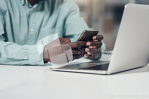 Image of Phone, laptop and business man hands for social media, networking online and multimedia management in office. Startup, connection and internet of person typing on mobile app, web chat and computer