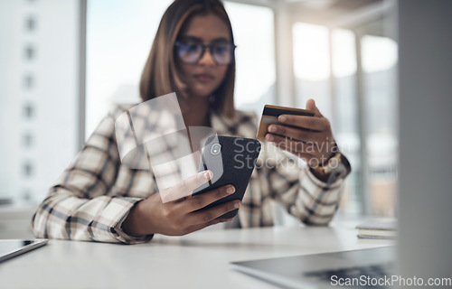 Image of Employee, cellphone and woman with a credit card, payment and ecommerce in a workplace. Female person, employee and agent with a smartphone, transaction and internet connection with a fintech app