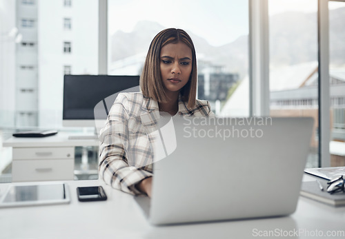 Image of Business woman, laptop and confused writer in office workplace with fake news. Frustrated, computer and female Indian person with stress reading email, spam or scam, glitch and 404, error and problem