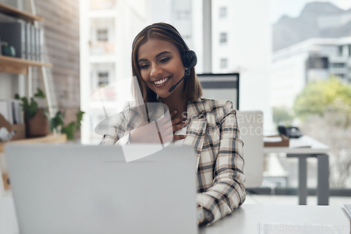 Image of Laptop, business woman and headset for a video call or webinar with internet connection. Happy female person with technology for crm communication, online meeting and customer support in an office