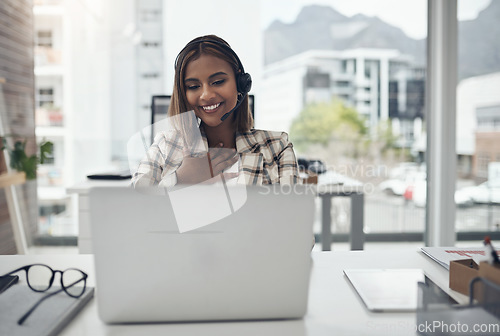 Image of Business woman, headset and laptop for a video call or webinar with internet introduction. Female person with technology for crm communication, online meeting and customer support in a modern office