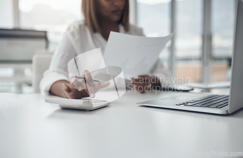 Image of Closeup, business and woman with a calculator, budget and documents with planning, financial growth and connection. Female person, accountant and employee with paperwork, savings and investment