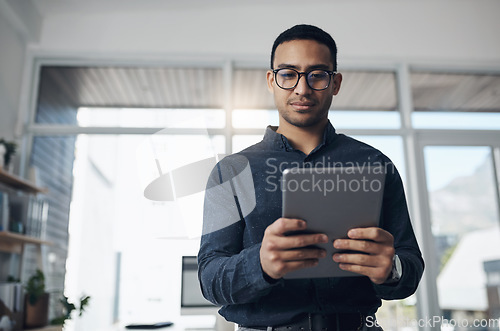 Image of Email, reading and a businessman with a tablet at work for connectivity and communication. Internet, research and a corporate worker with an online app for a professional career as a lawyer in office