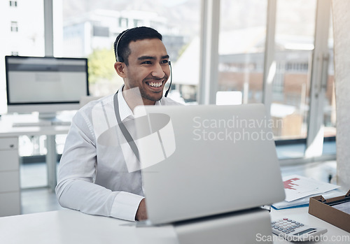 Image of Finance advice, support and headset with a man accountant at work on his laptop in the financial office. Computer, customer service and assistance with a male broker working in an investment firm