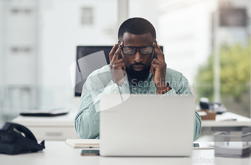 Image of Thinking, stress and business man on laptop with headache, brain fog and mental health risk for information technology. Anxiety, fatigue or tired african person on computer problem, fail or burnout