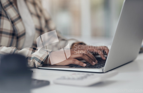 Image of Laptop, typing and woman hands for online research, startup finance or budget management at her office desk. Financial planning, working and worker, employee or person on computer software or website