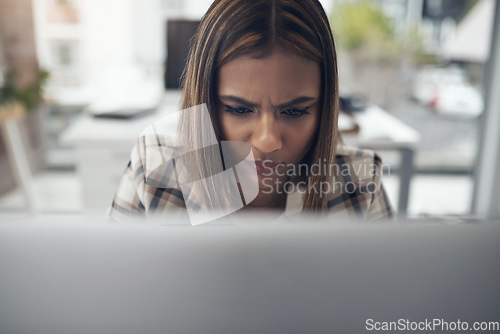 Image of Business, focus and woman with a laptop, confused and thinking with a deadline, project and connection. Female person, employee and agent with concentration, decision and professional with choice