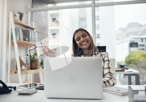 Image of Creative, business and woman with a laptop, connection or digital planning with web design, search internet or happiness. Female person, entrepreneur or employee with a pc, technology or website info