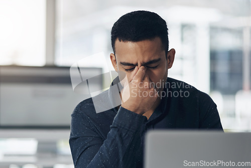 Image of Stress, headache and business man on computer for online mistake, frustrated and mental health risk or depression. Anxiety, job burnout and pain or tired person with problem, migraine or depressed