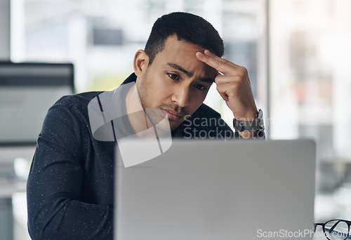 Image of Business, confused and man with fatigue, laptop and tired with internet connection, glitch and mistake. Male person, employee and entrepreneur tired, pc and error with frustration, decision and doubt