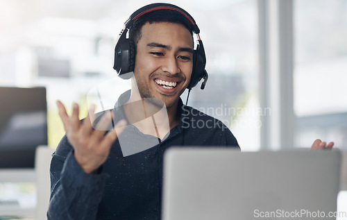 Image of Video, call center and man, agent or consultant in office online meeting, virtual communication or telecom on laptop. Business worker or happy young person consulting, speaking or advice on computer