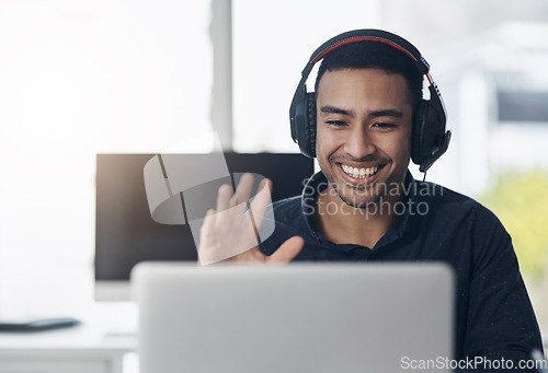 Image of Business, smile and man with video call, wave and connection for communication, talking and online chatting. Male person, employee and happy entrepreneur with headphones, greeting and conversation