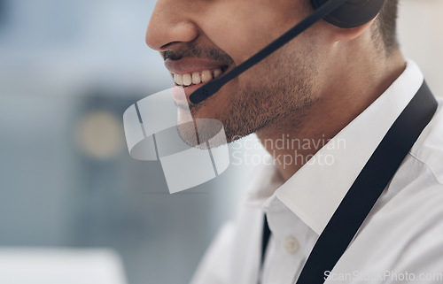 Image of Headset, mouth and man consultant in a call center for customer service closeup while talking on a call. Smile, support and contact us with a happy male employee consulting in a telemarketing office