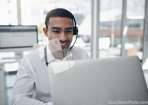 Image of Call center, computer and business man, IT agent or consultant in happy communication or technical support. Help desk, information technology and online advisor or web agency person helping on laptop
