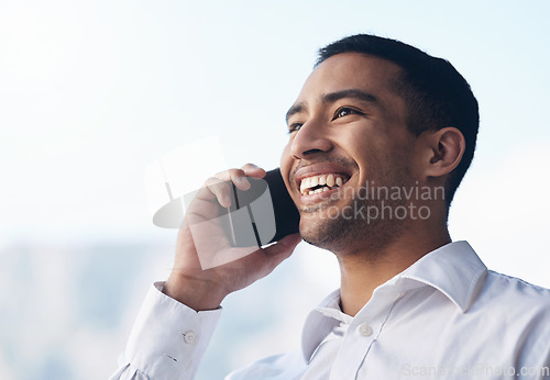 Image of Happy businessman, phone call and smile outdoor for communication and marketing with network. Face of asian male entrepreneur with mockup space for conversation, technology and connection or contact