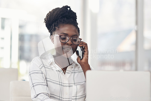 Image of Laptop, phone call and business woman with communication, planning and management advice in office. Speaking, listening and feedback of african person or employee on mobile app discussion on computer