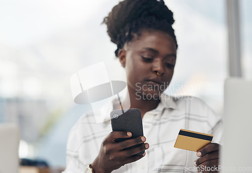 Image of Business, smartphone and woman with a credit card, payment and ecommerce in a modern office. Female person, employee or agent with transaction, cellphone and online shopping with customer and client
